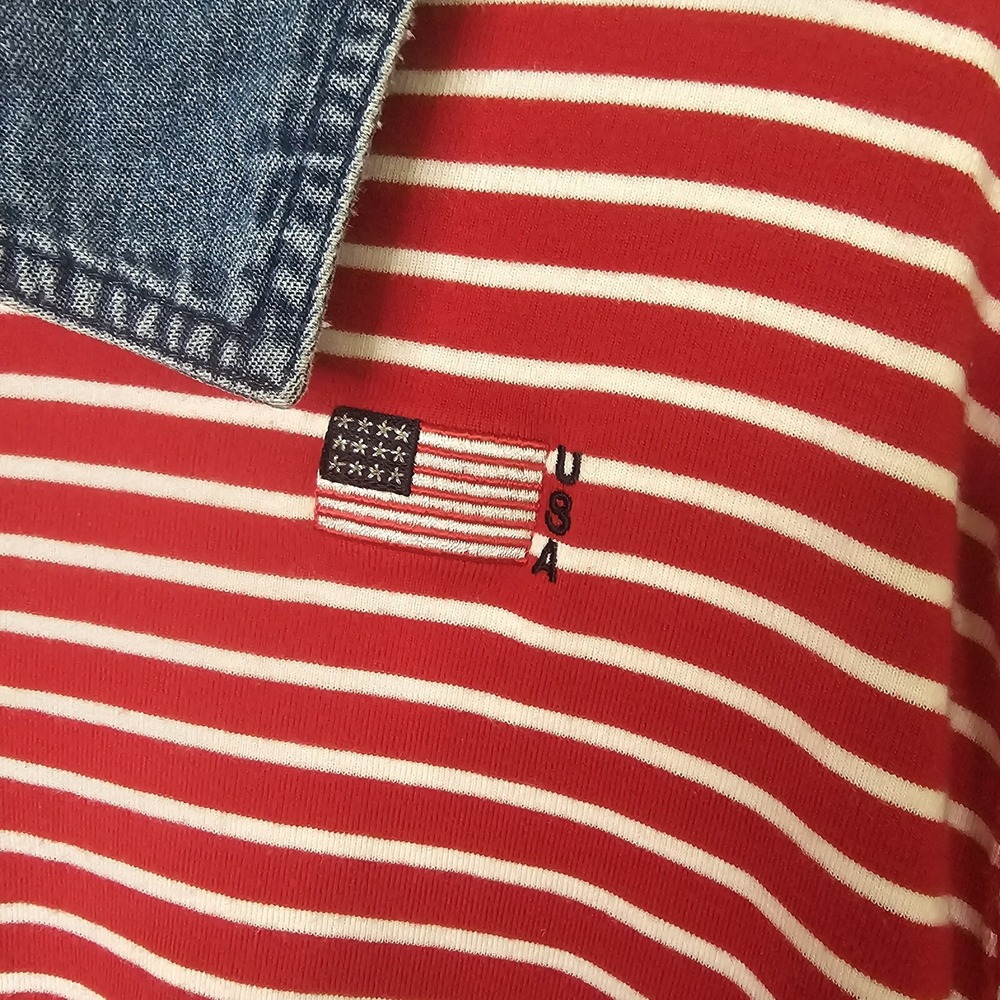 Karen Scott Sport Womens XL Polo Shirt Red White Striped Denim Collar USA Flag‎